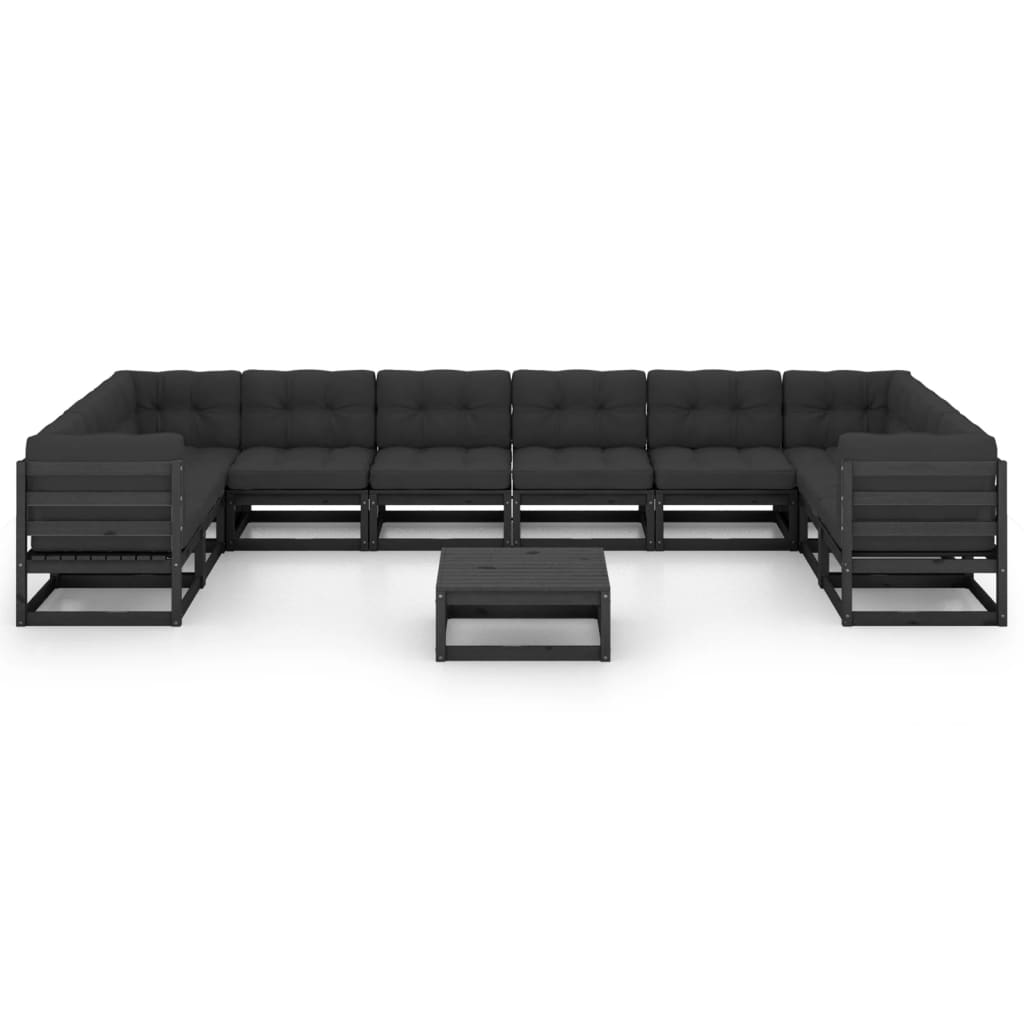 11-tlg. Garten-Lounge-Set mit Kissen Schwarz Massivholz Kiefer